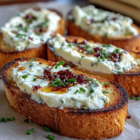 Golden, crispy baguette slices topped with creamy whipped goat cheese and drizzled with spicy hot honey garnished with fresh thyme.