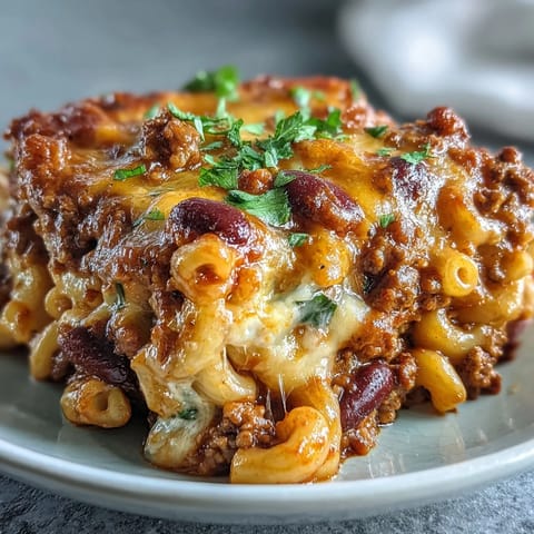 A Dutch oven of Baked Ranch Turkey Chili Mac served with a green onion garnish on a rustic wooden table.