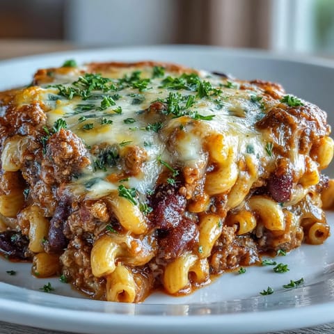 Golden baked Baked Ranch Turkey Chili Mac with melted cheddar bubbling over a hearty one-pot meal.
