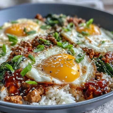 Spicy gochujang sauce coats ground turkey and rice in this Creamy Korean Turkey Rice Skillet, topped with halved jammy eggs and sesame seeds.