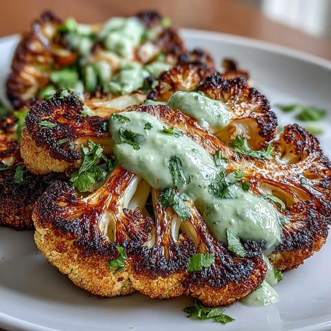 Vibrant low-carb cauliflower steaks seasoned with chili-lime marinade, served with creamy avocado crema and fresh cilantro.  