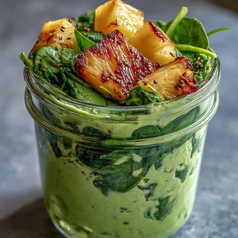 Bright green smoothie meal prep jars filled with fresh spinach, juicy pineapple, and banana slices, ready to blend for a quick breakfast.