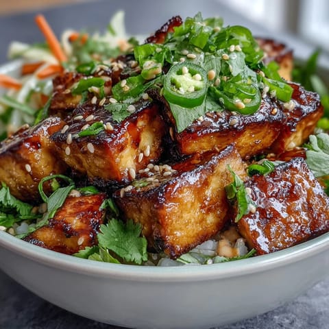 Golden-brown tofu cubes served over fragrant jasmine rice with tangy pickled veggies and fresh cilantro in a Vietnamese-inspired bowl.