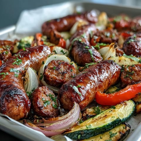 A colorful sheet pan dinner of roasted Italian sausages, bell peppers, zucchini, and onions, seasoned with herbs and olive oil.  
