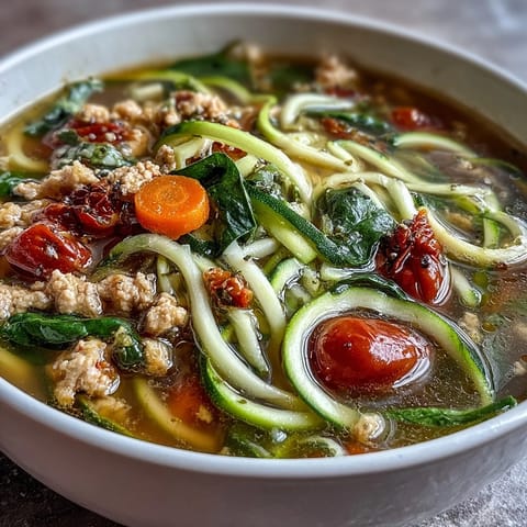 Light and nourishing, this turkey and veggie zucchini noodle soup is packed with fresh vegetables and fragrant herbs.  
