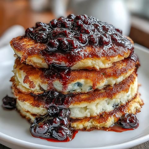 Fluffy Greek yogurt pancakes topped with vibrant blueberry compote, perfect for a high-protein and healthy brunch.