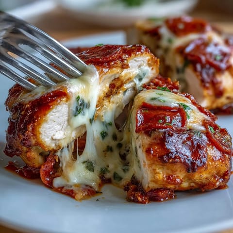 Keto pizza-stuffed chicken breasts with melted mozzarella, pepperoni, and marinara sauce baked to golden perfection.  