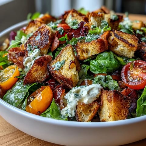 A rustic Italian salad featuring golden sourdough croutons, juicy heirloom tomatoes, and fragrant basil vinaigrette, perfect for warm-weather dining.  