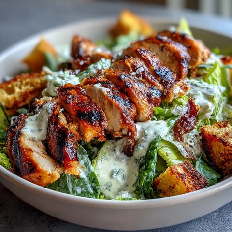 A fresh and healthy twist on Caesar salad with tender grilled chicken, tangy Greek yogurt dressing, and crunchy sourdough croutons.  