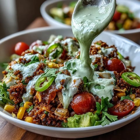 Hearty one-pot lentil taco meat quinoa bowls with avocado lime crema and fresh vegetables for a wholesome vegan meal.