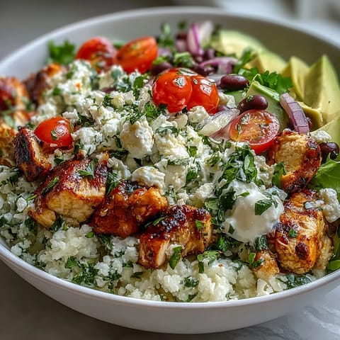 Colorful, low-calorie burrito bowl with cilantro-lime cauliflower rice, lean chicken, and a medley of fresh veggies and Greek yogurt.  