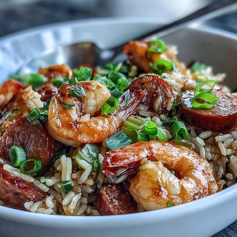 A steaming bowl of Cajun dirty rice with juicy shrimp and sausage, served with chopped green onions on top.  