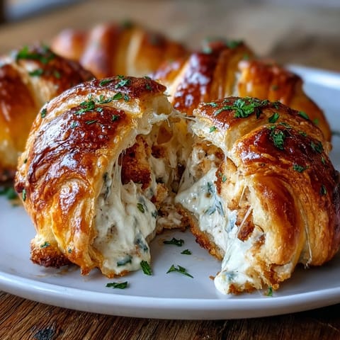 Flaky crescent dough pillows stuffed with savory chicken and melted cheese, baked until golden and topped with aromatic garlic Parmesan butter.  