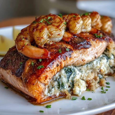 Succulent salmon fillets baked with lump crab, spinach, and Boursin cheese stuffing.  