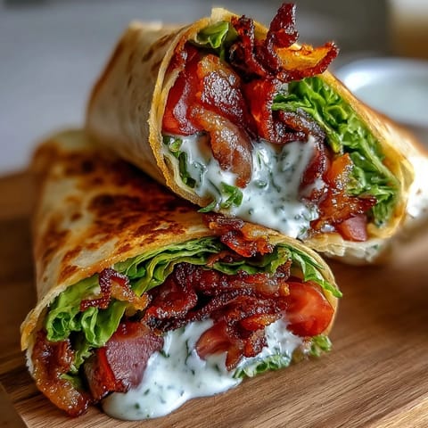 Gourmet BLT Wraps with Secret Sauce featuring crispy bacon, fresh lettuce, and marinated tomatoes in a soft tortilla.