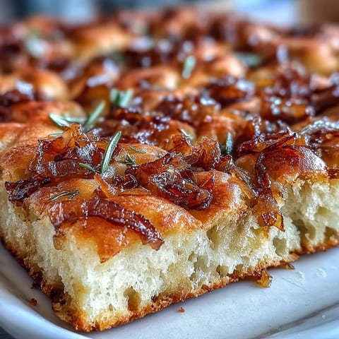 A golden sourdough focaccia topped with sweet caramelized onions and flaky sea salt, ready for slicing and sharing.