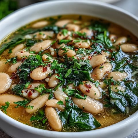 Hearty Tuscan white bean and spinach soup in a rustic bowl, garnished with fresh parsley and lemon wedges.  