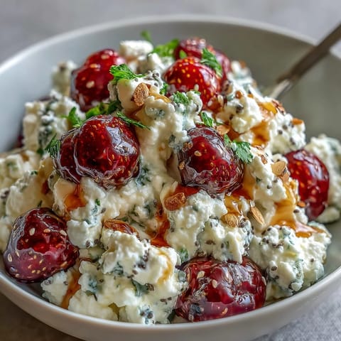 Wholesome cottage cheese breakfast bowl with fresh berries and crunchy seeds, drizzled with honey for a naturally sweet start.  