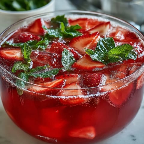 Vibrant pink lemonade strawberry punch with fresh strawberry slices and lemon wedges, perfect for Galentines Day celebrations.