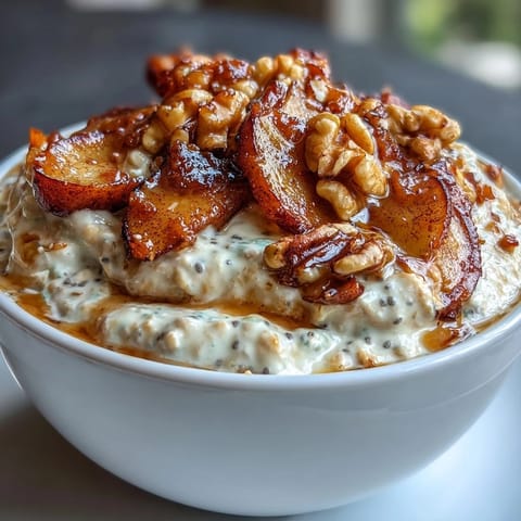 Creamy overnight oats topped with tender cinnamon-spiced apples and crunchy toasted walnuts, a wholesome and satisfying breakfast.