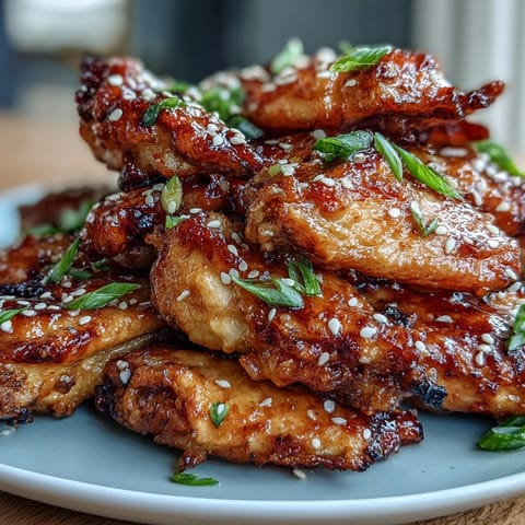 Crispy air fryer chicken wings glazed with sweet honey garlic sauce and bold Asian spices, garnished with sesame seeds and green onions.  