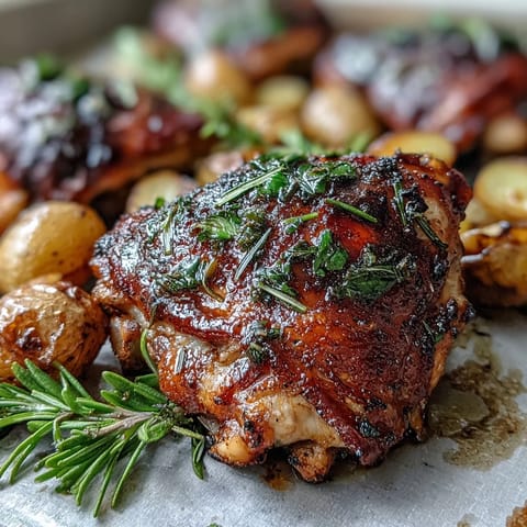 Herb roasted chicken thighs with baby potatoes and carrots, golden and crispy from the oven, ready to serve.