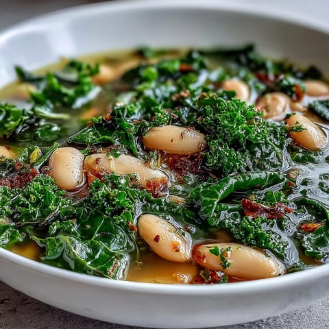 A vibrant bowl of kale and white bean soup with lemon and garlic, featuring tender greens and hearty beans in a savory broth.