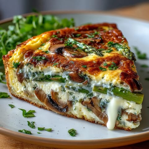 Asparagus and Mushroom Frittata with Sourdough Crust baked to golden perfection, topped with fresh chives and melted Gruyère cheese.