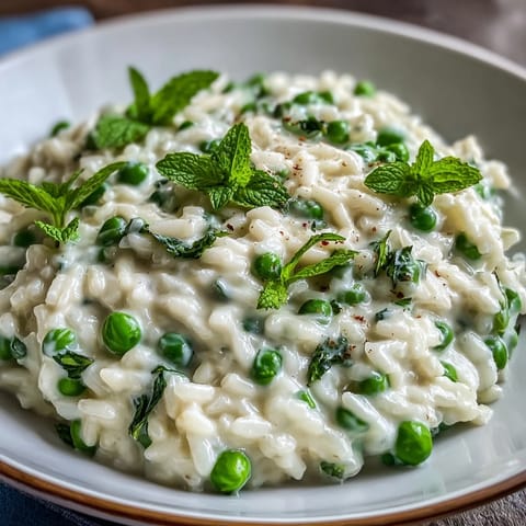 A creamy spring pea and mint risotto with Parmesan, perfect for a light vegetarian dinner or elegant lunch.