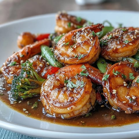 A colorful shrimp stir-fry with crisp bell peppers, broccoli, and snap peas in a savory garlic-ginger sauce.  