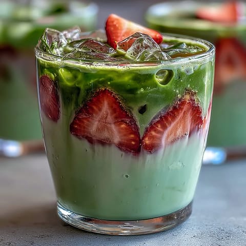 Iced Strawberry Matcha Latte with vibrant strawberry puree and creamy milk, served over ice in a tall glass.