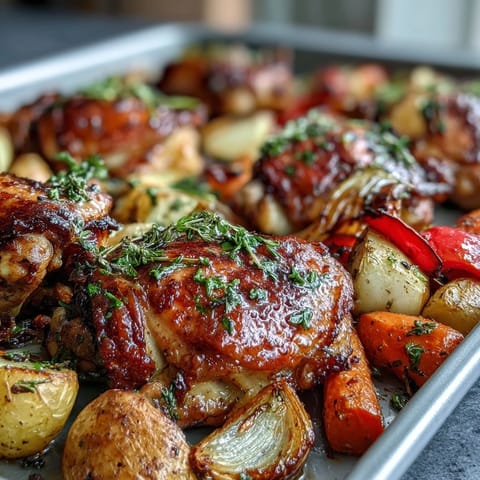 Juicy, herb-seasoned chicken thighs roast alongside tender vegetables for an easy, flavorful one-pan dinner.  