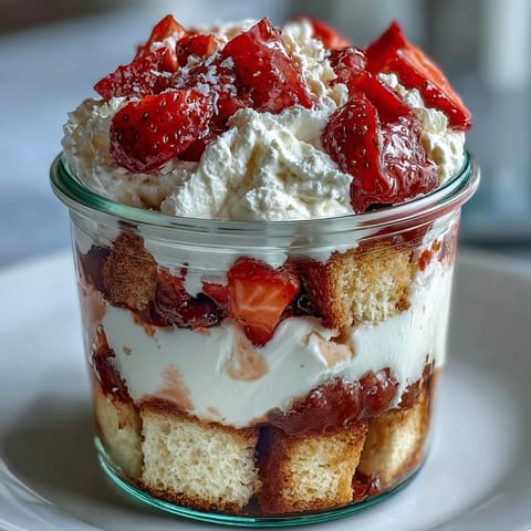 Portable strawberry shortcake trifle in mason jars, featuring juicy macerated berries, fluffy whipped cream, and tender shortcake bites.  