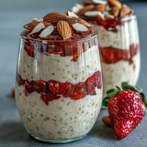 A vibrant jar of strawberry protein overnight oats with creamy Greek yogurt and juicy red berries, topped with sliced almonds for crunch.