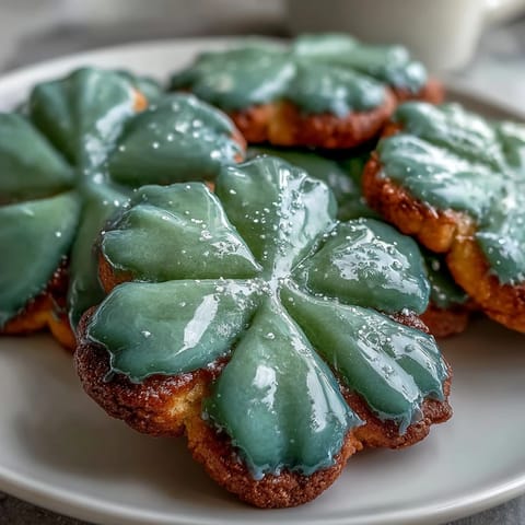 Festive shamrock sugar cookies decorated with smooth green royal icing for St. Patrick's Day celebrations.  