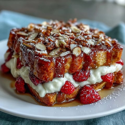 Golden-baked strawberry French toast casserole with brioche, fresh berries, and custard, topped with almonds and powdered sugar.