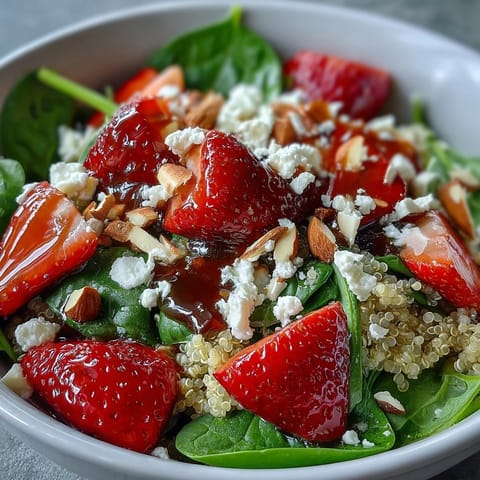 A colorful spring salad with ripe strawberries, creamy feta, and fluffy quinoa, drizzled with tangy balsamic dressing.