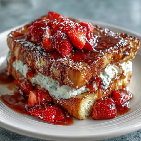 Baked French toast casserole filled with juicy strawberries and vanilla custard, topped with buttery crumble for a comforting breakfast centerpiece.  