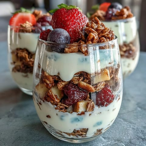 Soccer Team Snack Cups with Fruit and Granola in clear cups, layered with creamy vanilla yogurt, fresh berries, and crunchy granola, topped with mini chocolate chips.