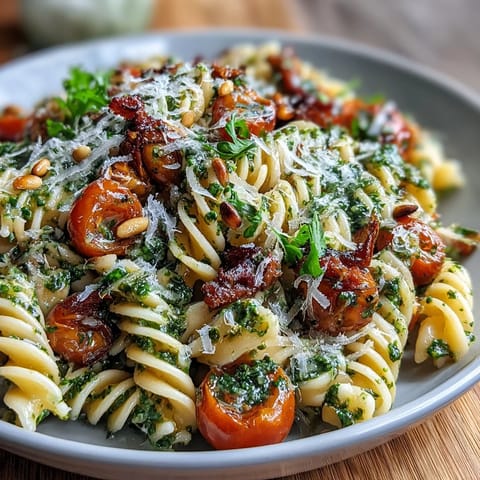 Summer Pasta Salad with Pesto and Cherry Tomatoes in a large bowl, topped with fresh basil and cherry tomatoes, perfect for a light lunch or picnic.