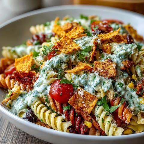 Taco Pasta Salad with Doritos and Avocado Ranch, a colorful mix of pasta, beans, and veggies with creamy dressing.  