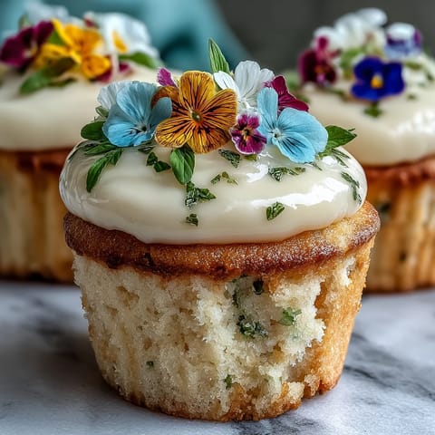Delicate vanilla cupcakes topped with creamy buttercream and edible spring flowers for a fresh, elegant dessert.  