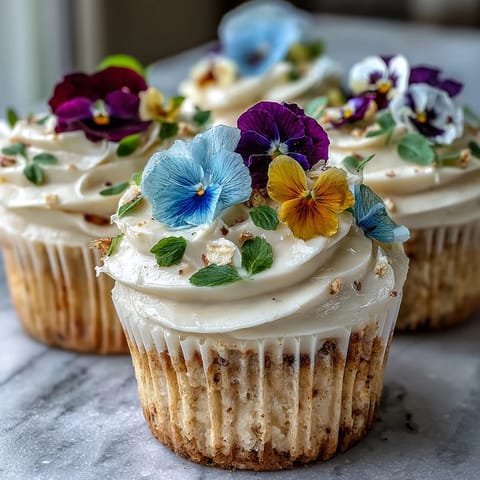 Vibrant vanilla cupcakes decorated with edible flowers and light buttercream frosting, perfect for spring celebrations.  