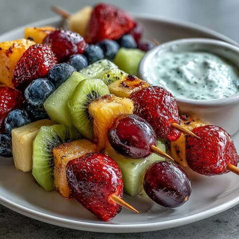 Vibrant rainbow fruit skewers featuring strawberries, pineapple, kiwi, and grapes served with creamy honey-yogurt dip for a refreshing summer snack.