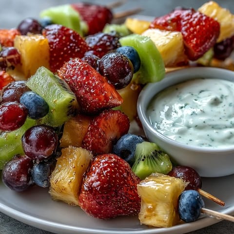 Colorful fruit kabobs arranged in rainbow order with juicy berries, melon, and pineapple paired with a luscious honey-vanilla yogurt dip.