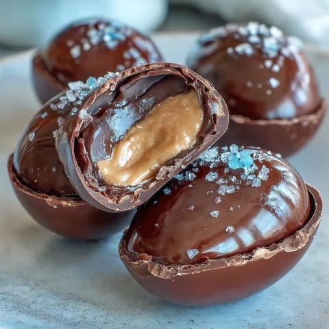 Dark chocolate peanut butter Easter eggs with a sprinkle of sea salt, perfect for festive homemade treats.