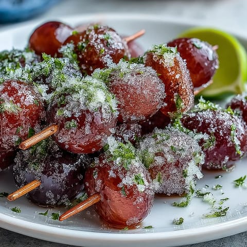 Vibrant frozen grape skewers coated in zesty lime sugar, a perfect sweet-tart summer treat.