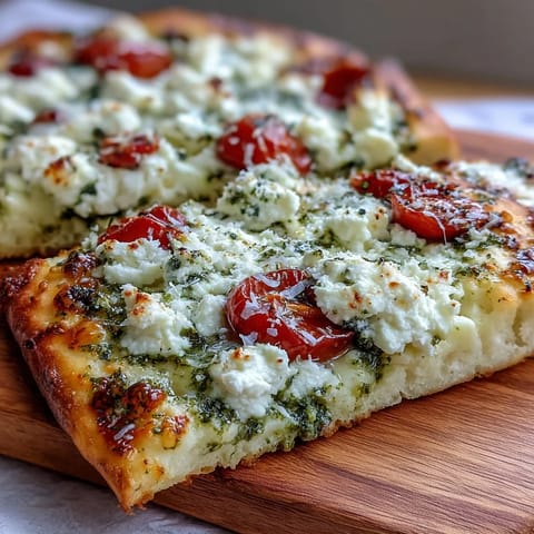 Viral cottage cheese flatbread topped with vibrant basil pesto and juicy cherry tomatoes, perfect for a healthy snack or appetizer.  