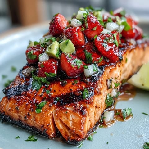 A plate of grilled salmon topped with vibrant strawberry avocado salsa, perfect for a fresh summer dinner.  