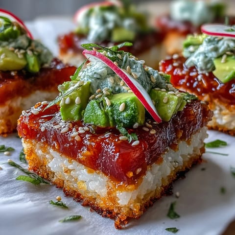 Crispy rice salad with avocado and spicy tuna, a vibrant dish full of crunchy textures and creamy avocado slices.
